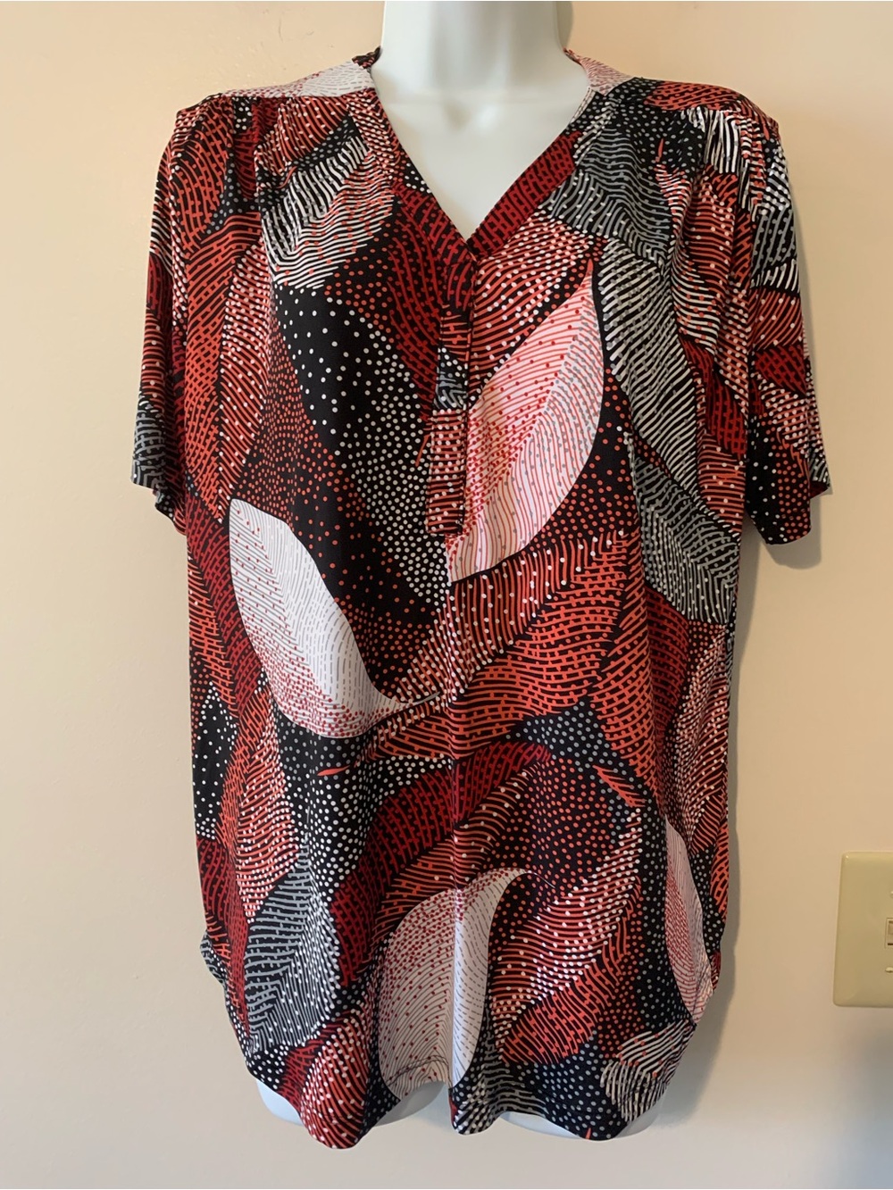 Abstract Red & Black V-Neck Blouse with Pink Accents